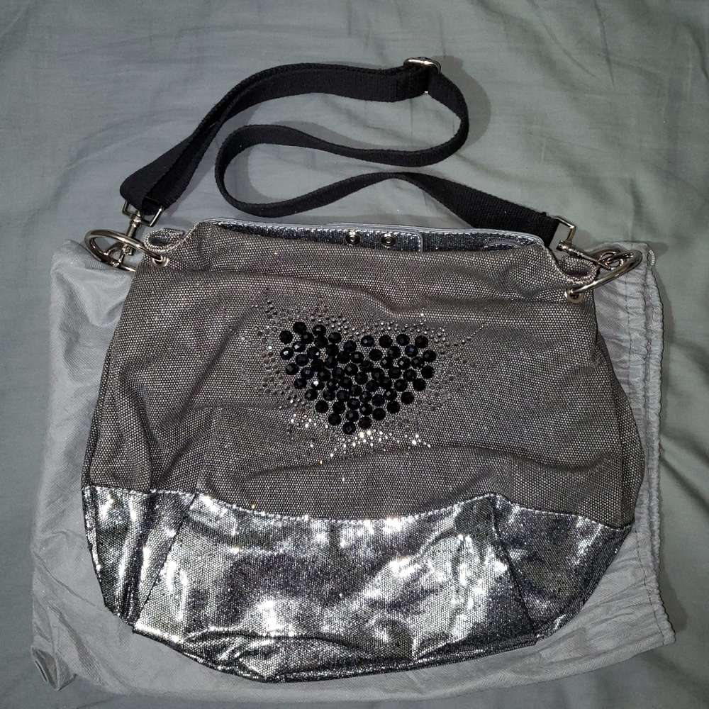 Grey Glitter Beaded Heart Crossbody Bag